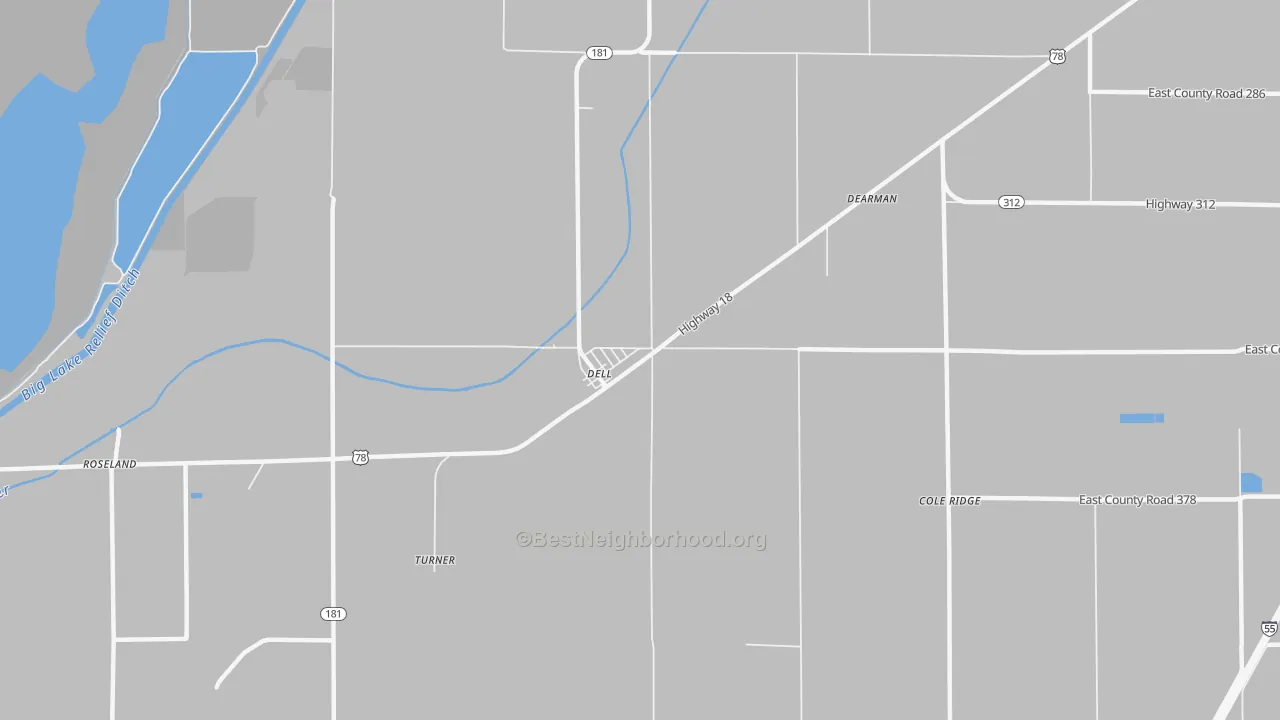 Walk Grade map of Dell, AR, walkable areas in green and car-dependent areas in red