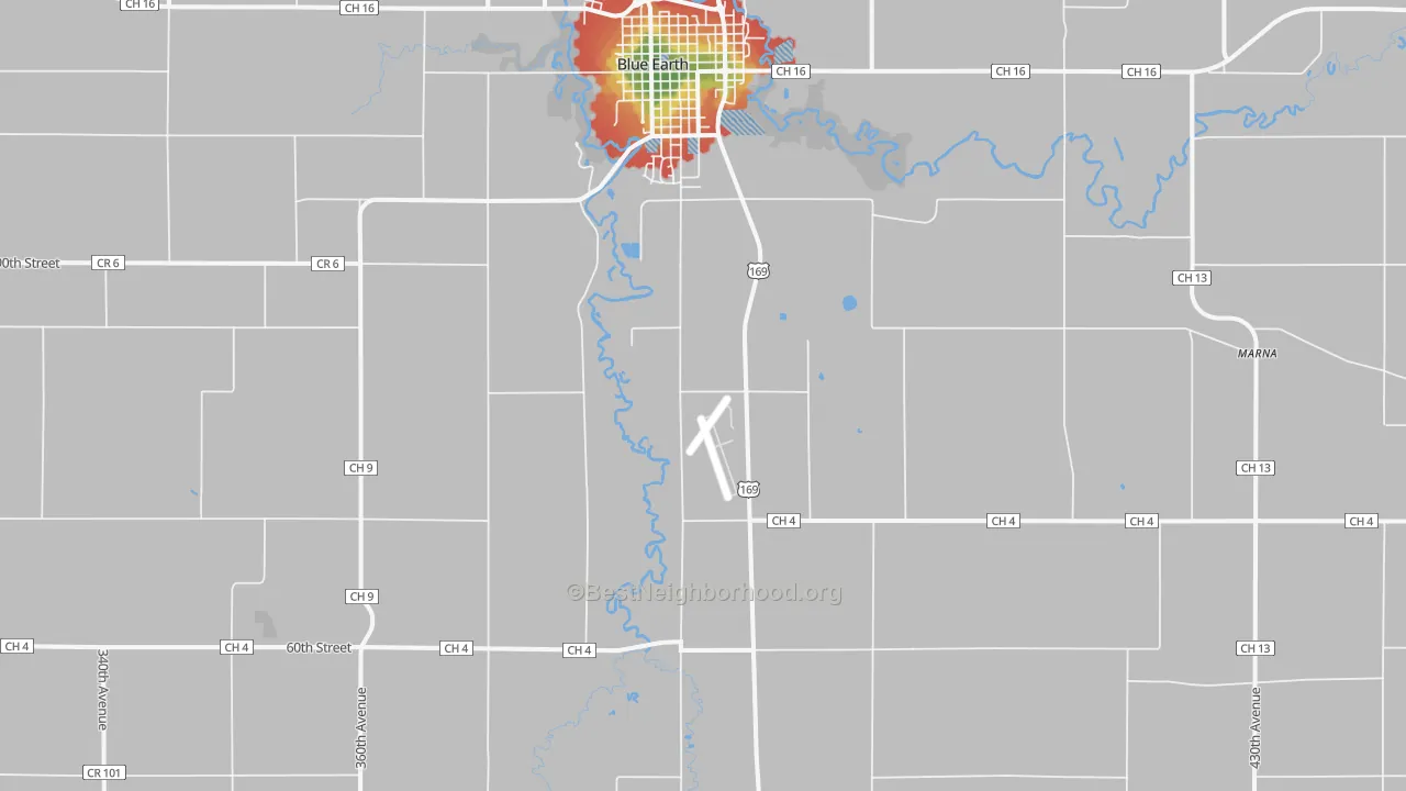 Walk Grade map of Dell, MN, walkable areas in green and car-dependent areas in red