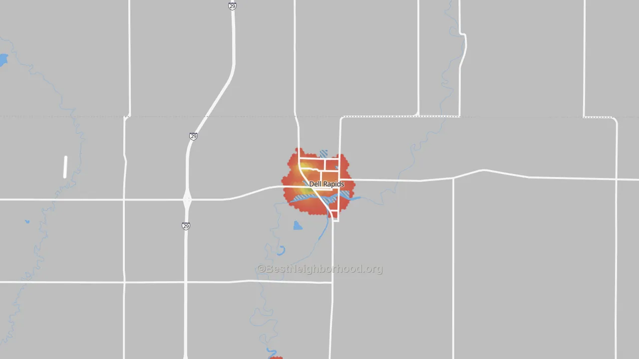 Walk Grade map of Dell Rapids, SD, walkable areas in green and car-dependent areas in red