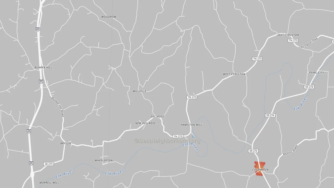 Walk Grade map of Dellrose, TN, walkable areas in green and car-dependent areas in red