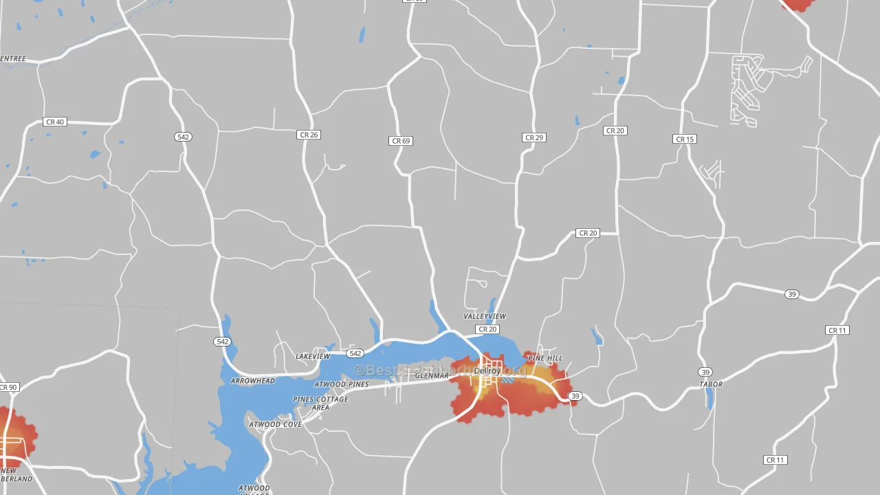 Walk Grade map of Dellroy, OH, walkable areas in green and car-dependent areas in red