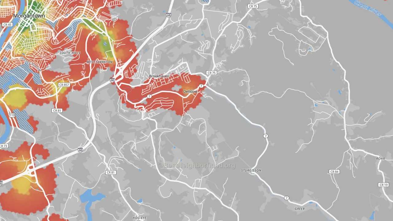 Walk Grade map of Dellslow, WV, walkable areas in green and car-dependent areas in red