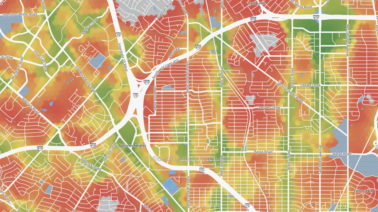Walk Grade map of Dellview Area, San Antonio, TX, walkable areas in green and car-dependent areas in red