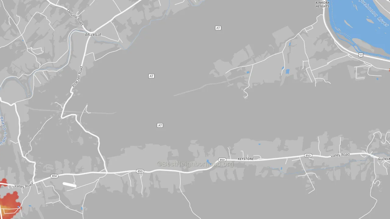 Walk Grade map of Dellville, PA, walkable areas in green and car-dependent areas in red