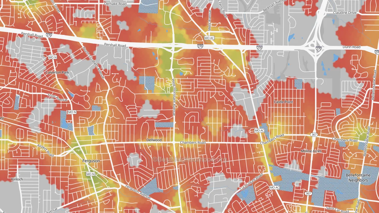 Walk Grade map of Dellwood, MO, walkable areas in green and car-dependent areas in red