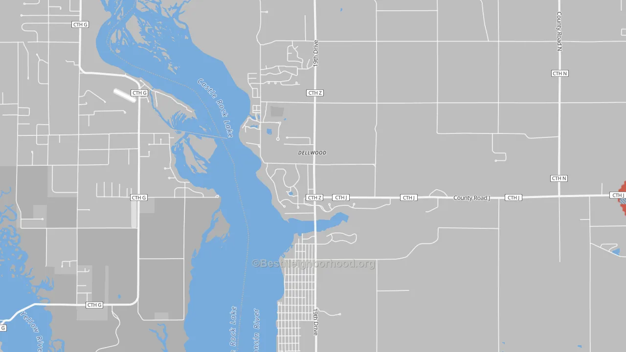 Walk Grade map of Dellwood, WI, walkable areas in green and car-dependent areas in red