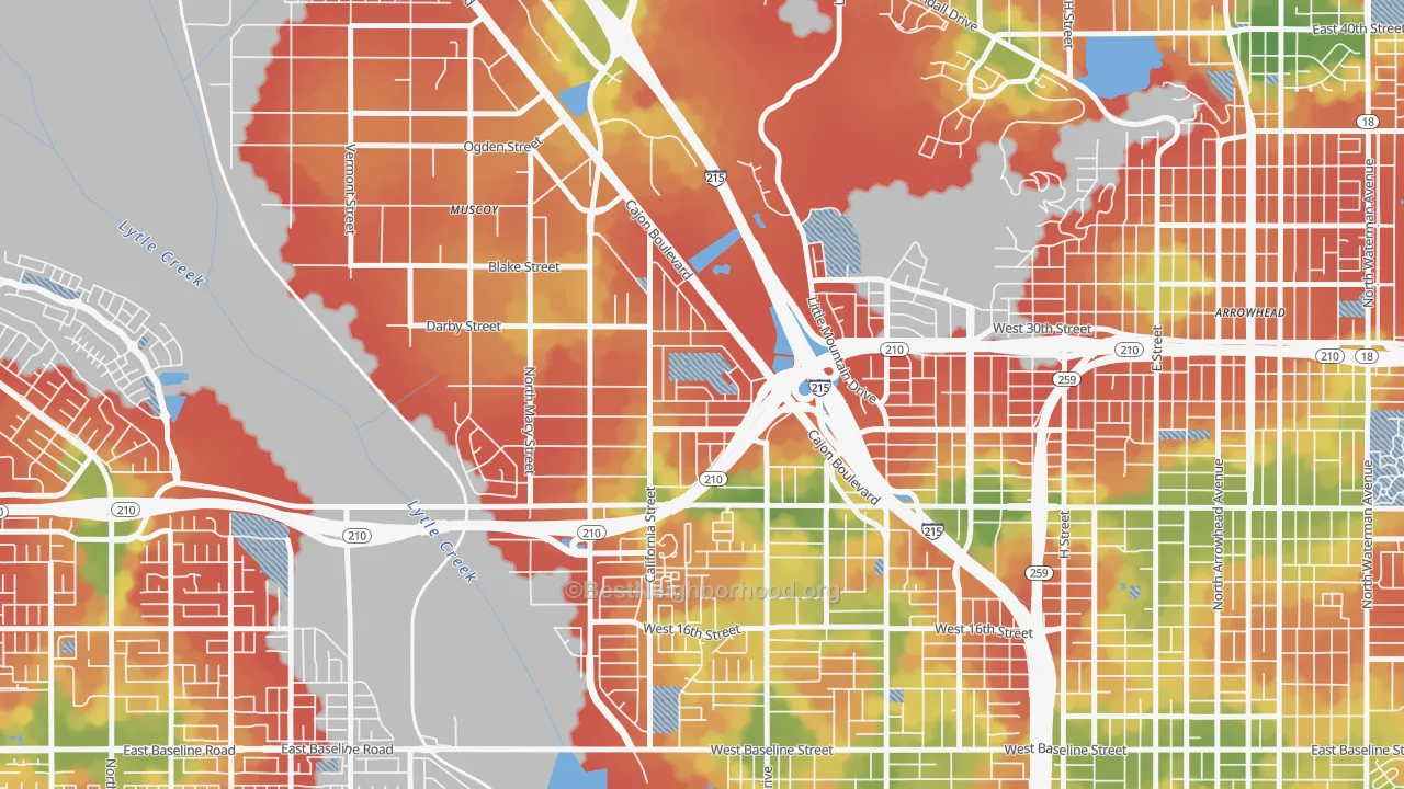 Walk Grade map of Delman, San Bernardino, CA, walkable areas in green and car-dependent areas in red