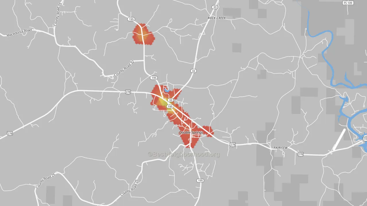 Walk Grade map of Delmar, AL, walkable areas in green and car-dependent areas in red