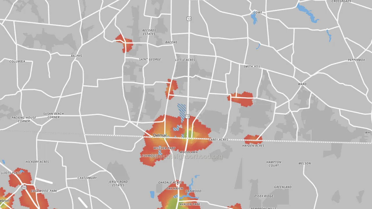 Walk Grade map of Delmar, DE, walkable areas in green and car-dependent areas in red