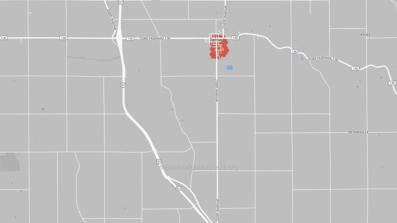 Walk Grade map of Delmar, IA, walkable areas in green and car-dependent areas in red