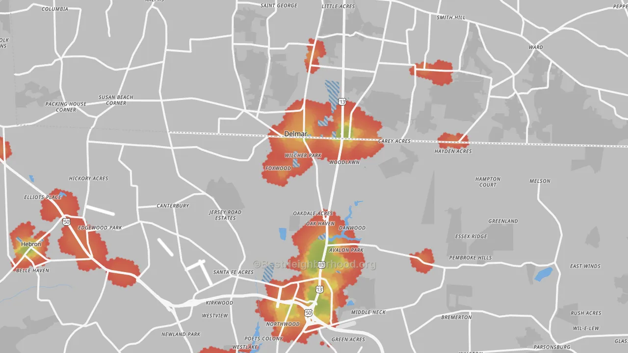 Walk Grade map of Delmar, MD, walkable areas in green and car-dependent areas in red