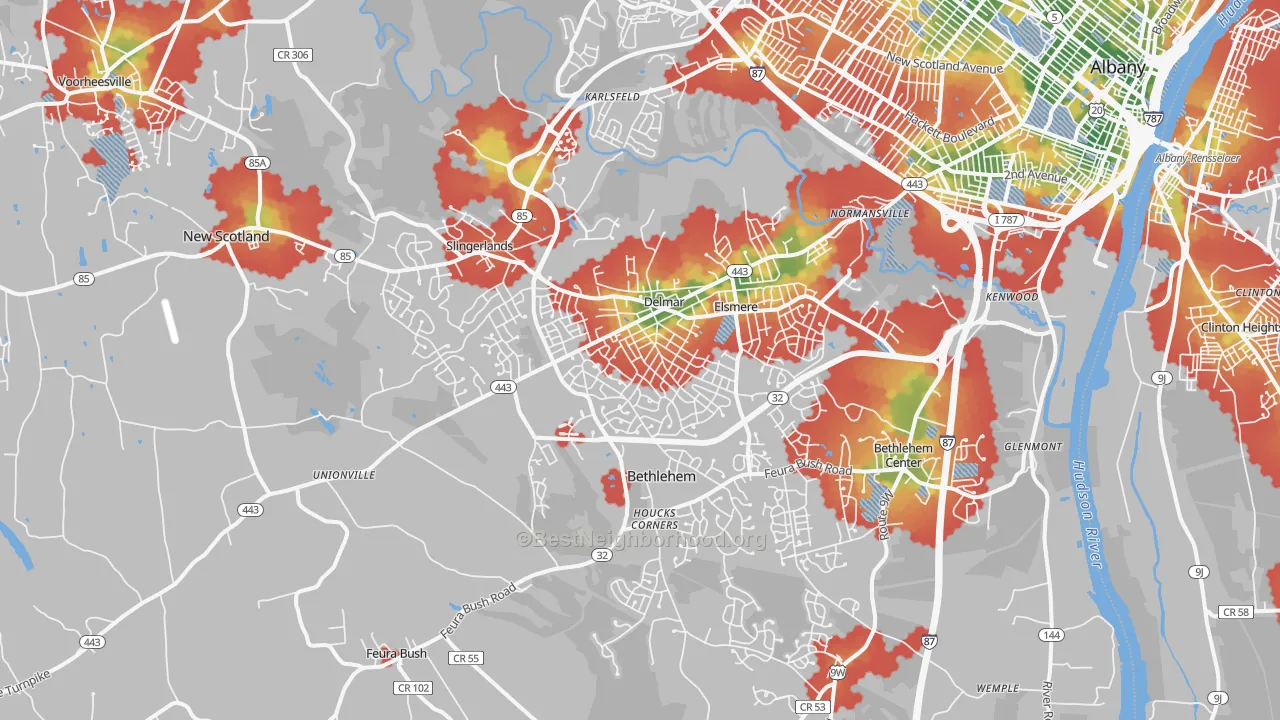 Walk Grade map of Delmar, NY, walkable areas in green and car-dependent areas in red