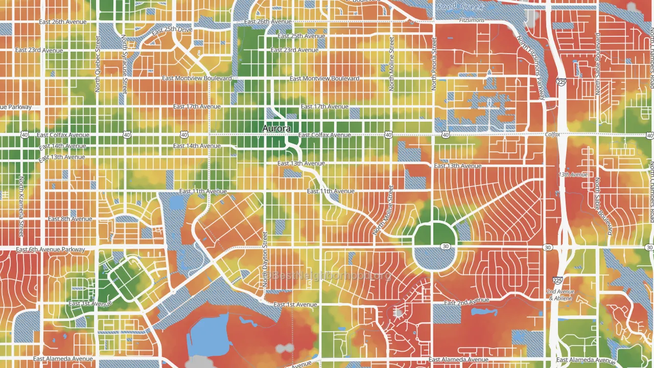 Walk Grade map of Delmar Parkway, Aurora, CO, walkable areas in green and car-dependent areas in red