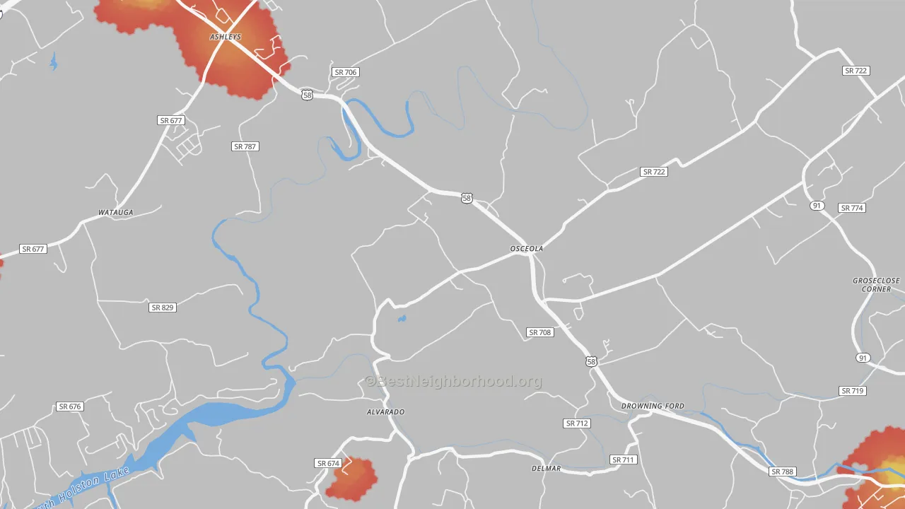 Walk Grade map of Delmar, VA, walkable areas in green and car-dependent areas in red
