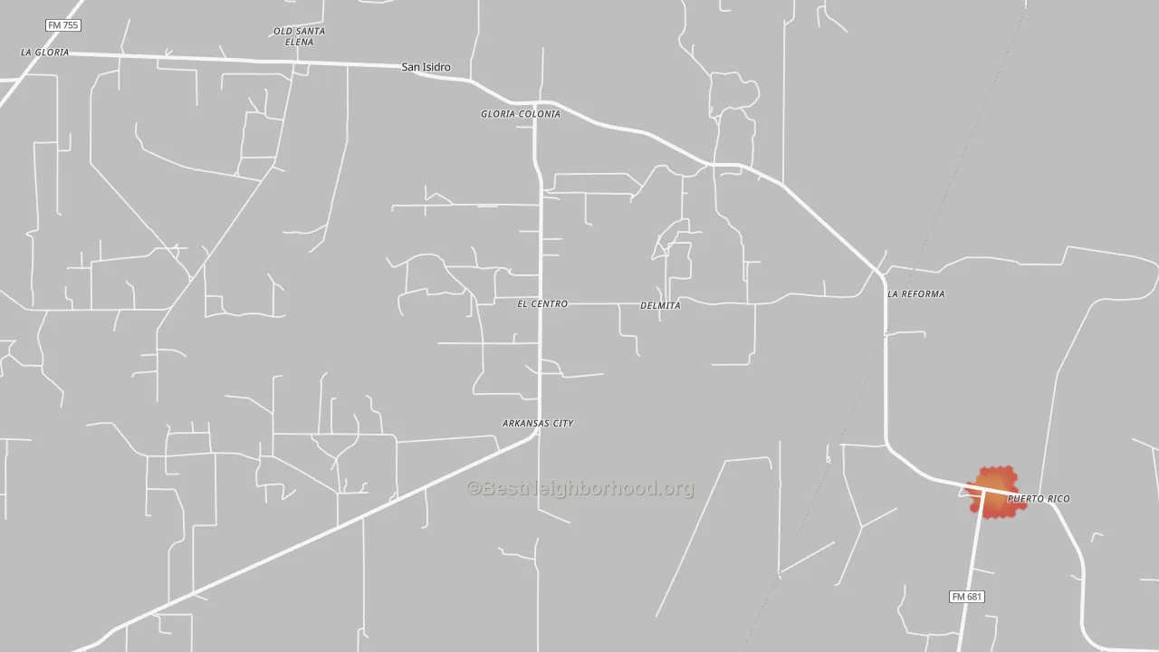 Walk Grade map of Delmita, TX, walkable areas in green and car-dependent areas in red