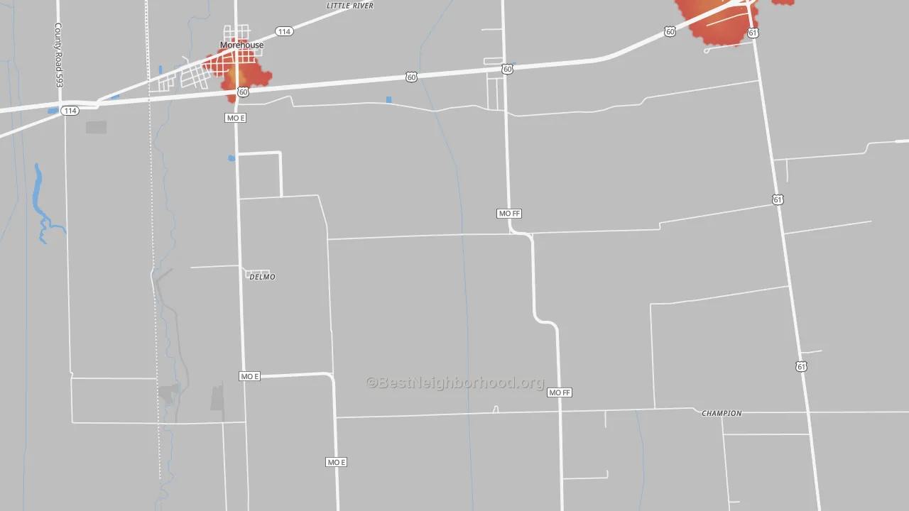 Walk Grade map of Delmo, MO, walkable areas in green and car-dependent areas in red
