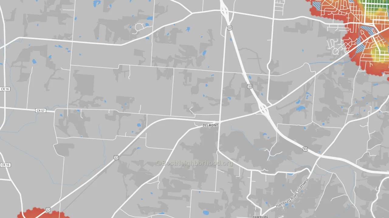 Walk Grade map of Delmont, OH, walkable areas in green and car-dependent areas in red