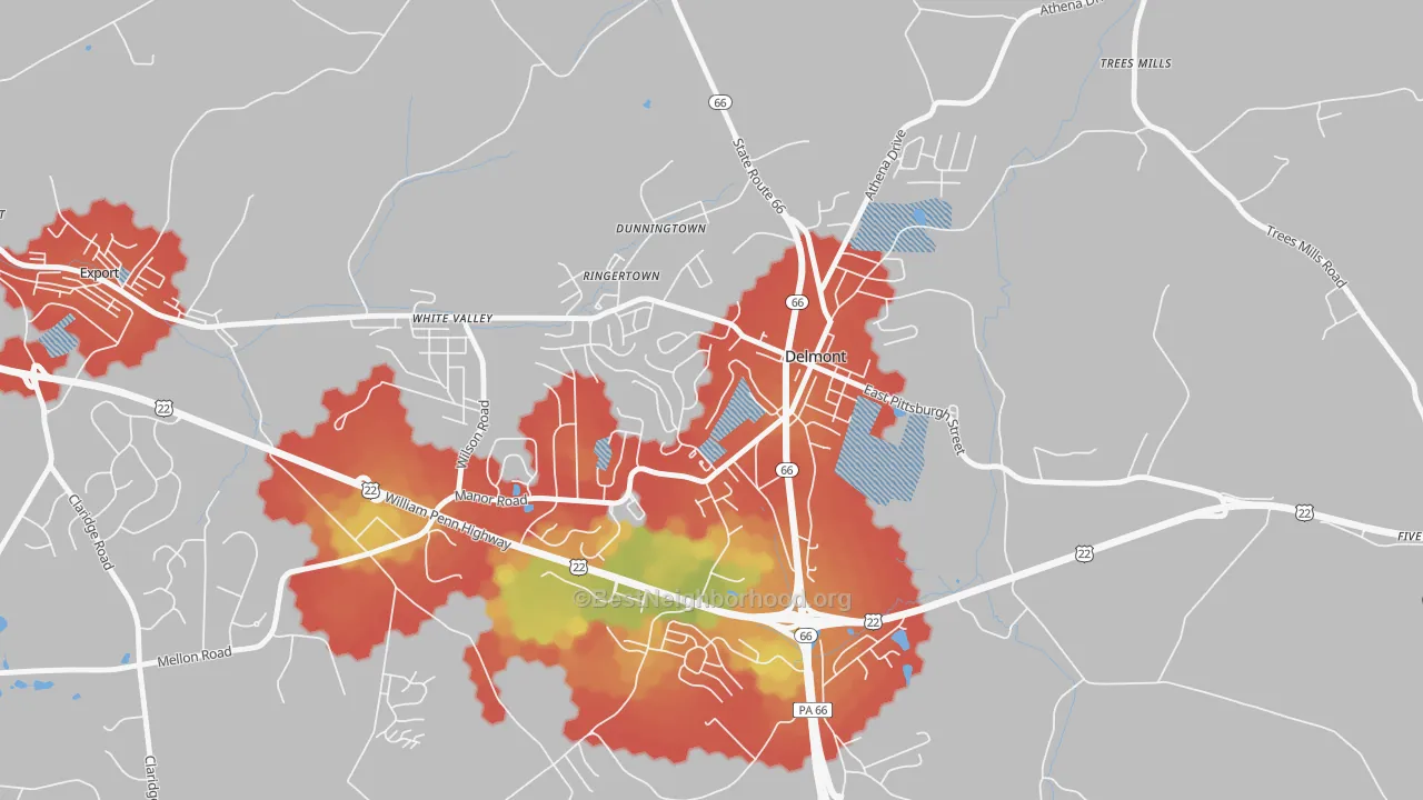 Walk Grade map of Delmont, PA, walkable areas in green and car-dependent areas in red