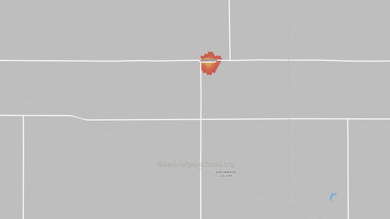 Walk Grade map of Delmont, SD, walkable areas in green and car-dependent areas in red