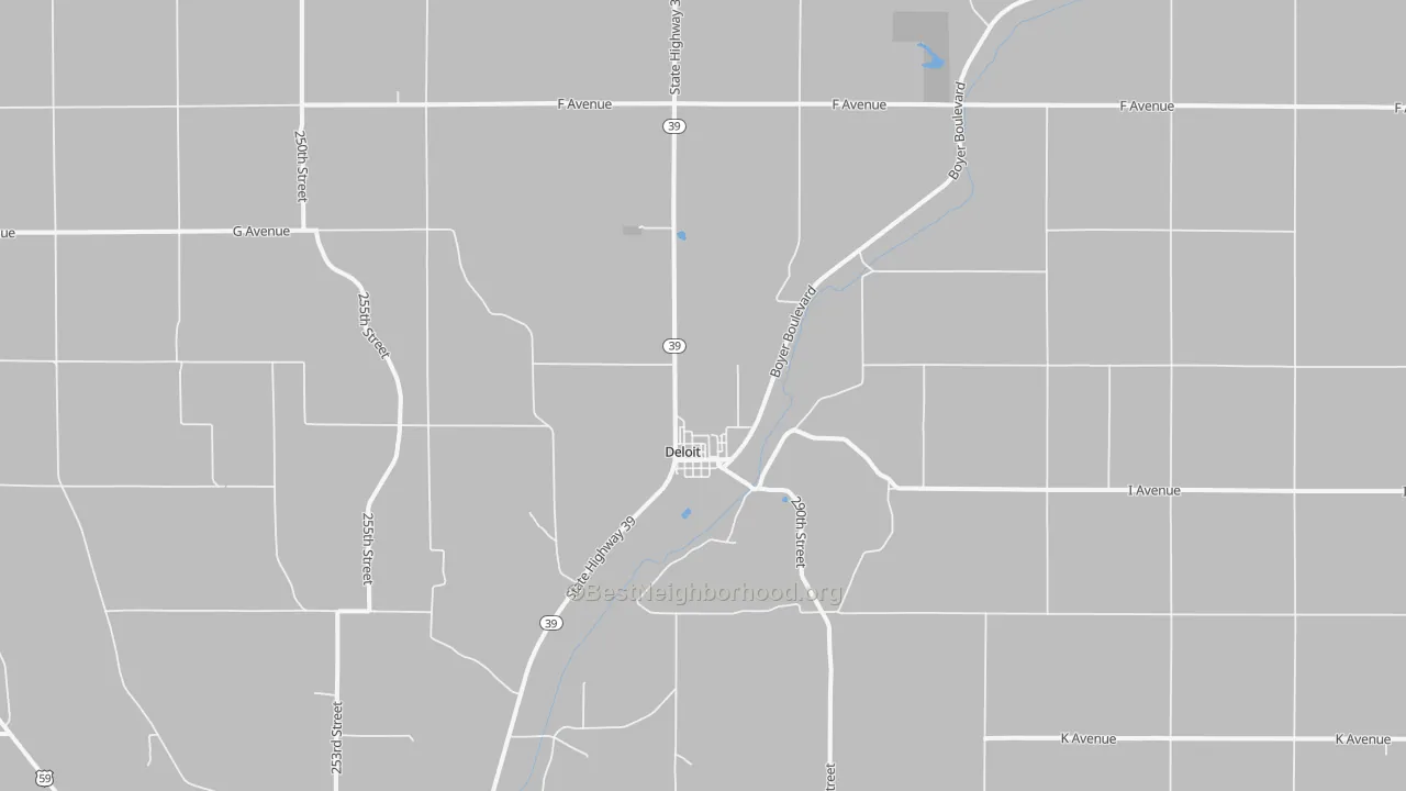 Walk Grade map of Deloit, IA, walkable areas in green and car-dependent areas in red