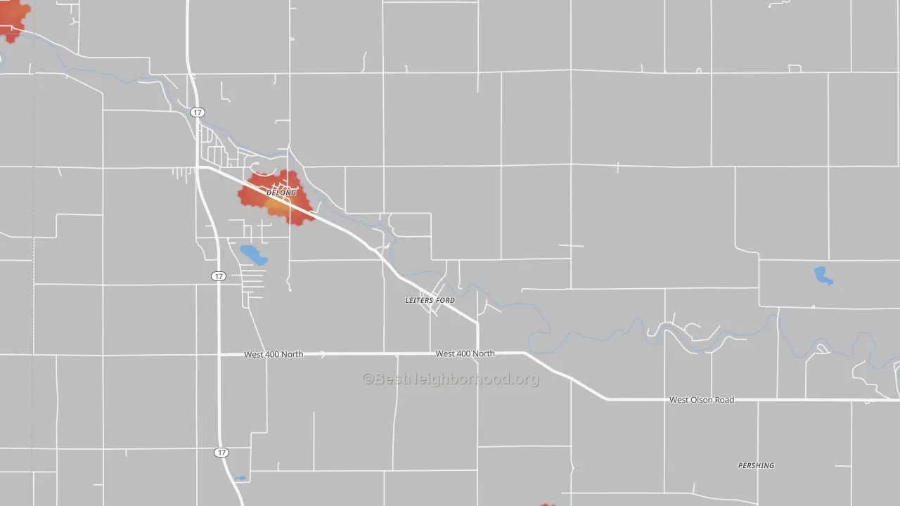 Walk Grade map of Delong, IN, walkable areas in green and car-dependent areas in red