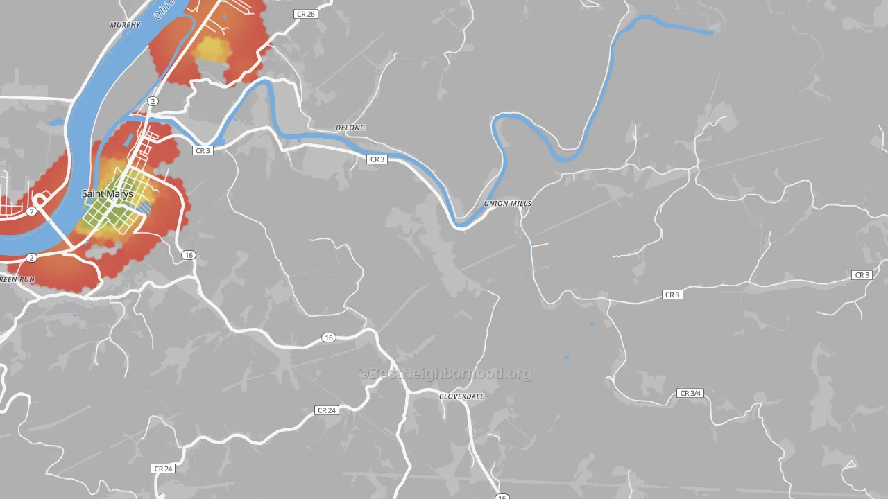 Walk Grade map of Delong, WV, walkable areas in green and car-dependent areas in red