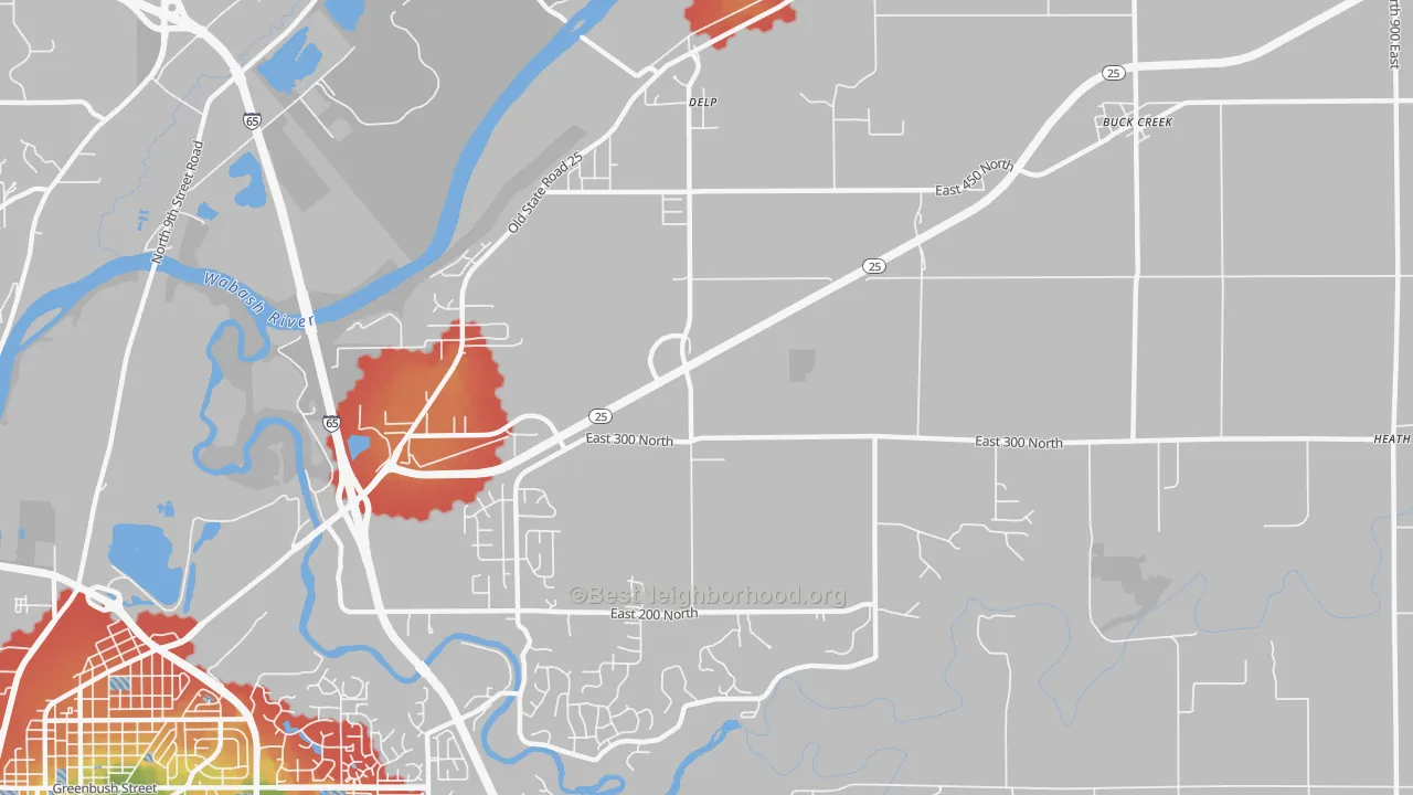 Walk Grade map of Delp, IN, walkable areas in green and car-dependent areas in red