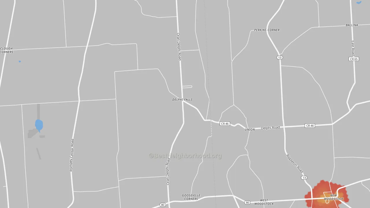 Walk Grade map of Delphi Falls, NY, walkable areas in green and car-dependent areas in red
