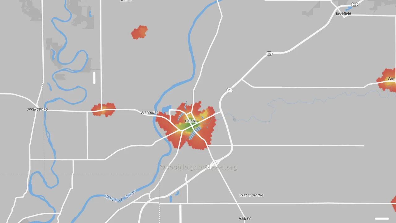 Walk Grade map of Delphi, IN, walkable areas in green and car-dependent areas in red