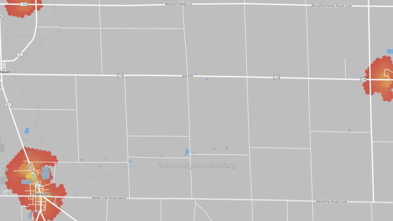 Walk Grade map of Delphi, OH, walkable areas in green and car-dependent areas in red