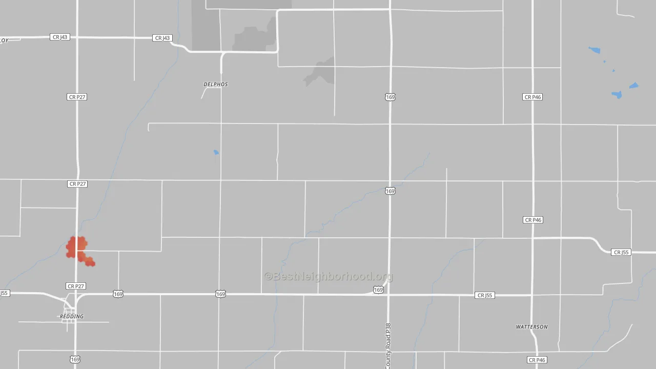 Walk Grade map of Delphos, IA, walkable areas in green and car-dependent areas in red