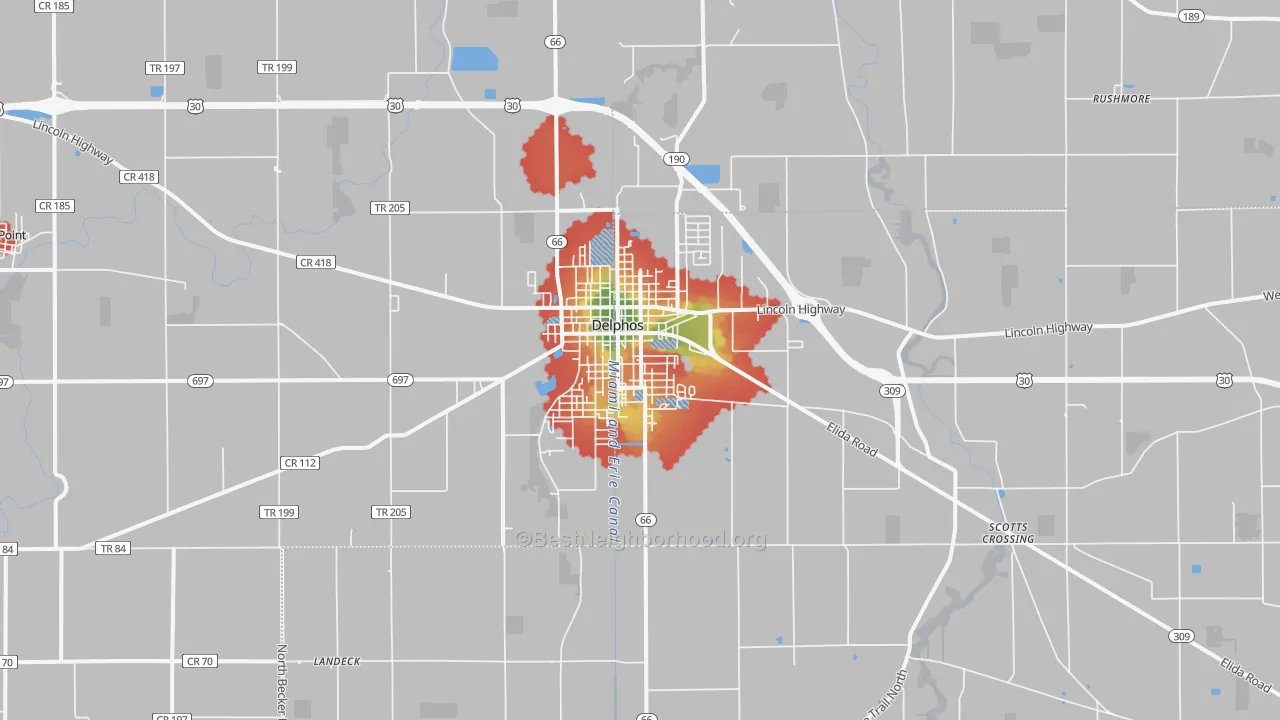 Walk Grade map of Delphos, OH, walkable areas in green and car-dependent areas in red