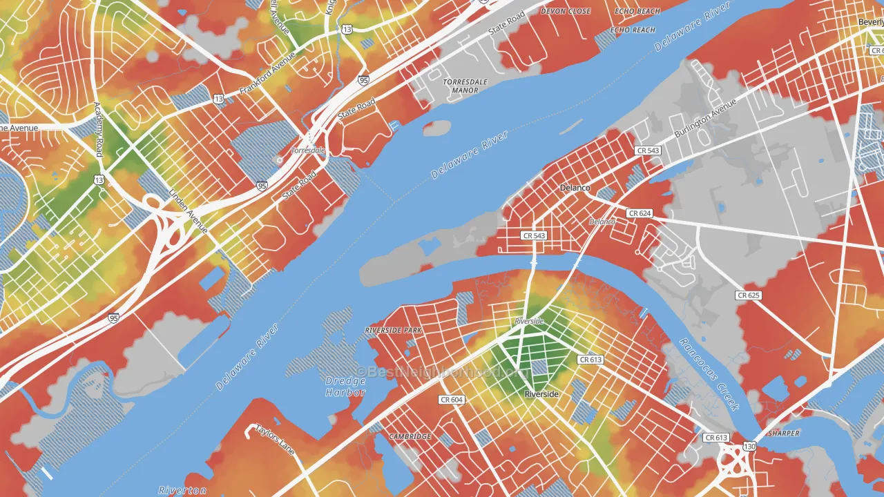 Walk Grade map of Delran, NJ, walkable areas in green and car-dependent areas in red