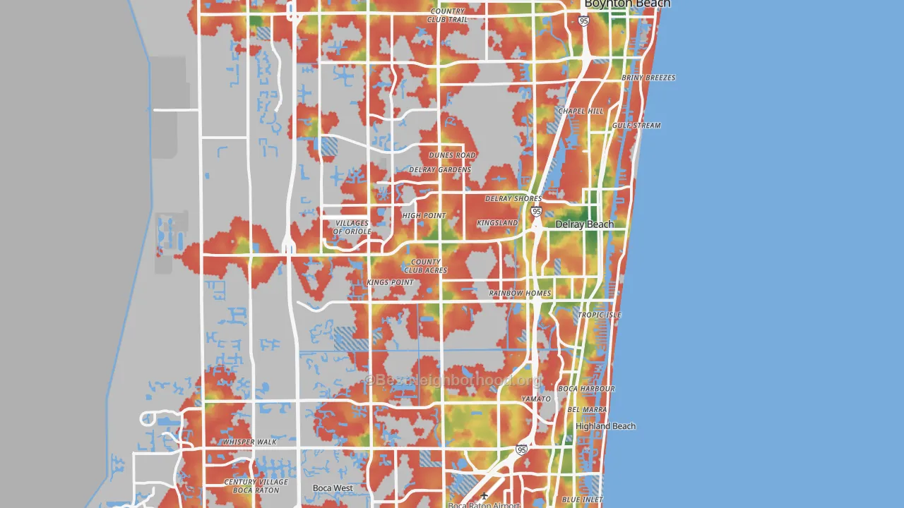 Walk Grade map of Delray Beach, FL, walkable areas in green and car-dependent areas in red