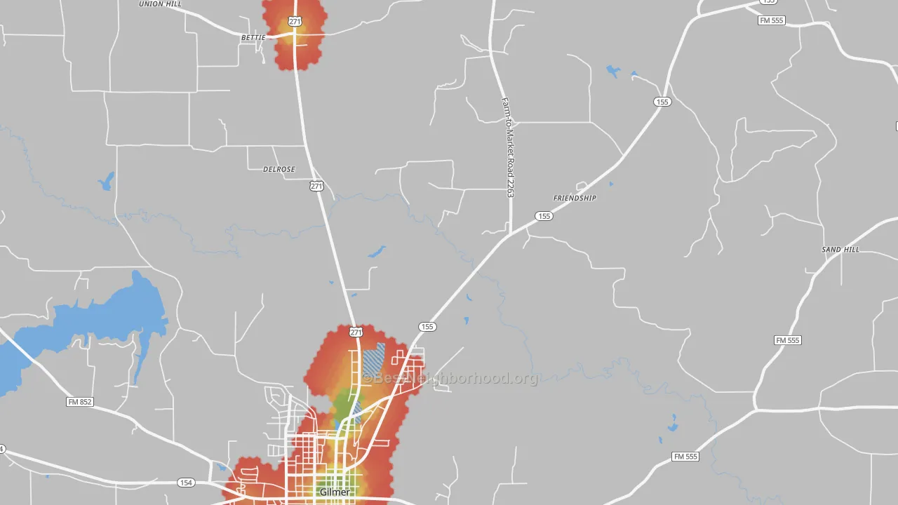 Walk Grade map of Delrose, TX, walkable areas in green and car-dependent areas in red