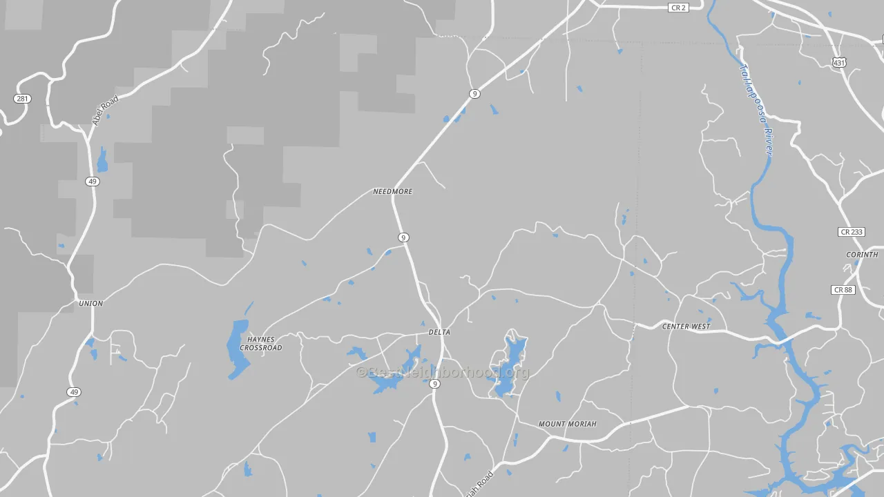 Walk Grade map of Delta, AL, walkable areas in green and car-dependent areas in red