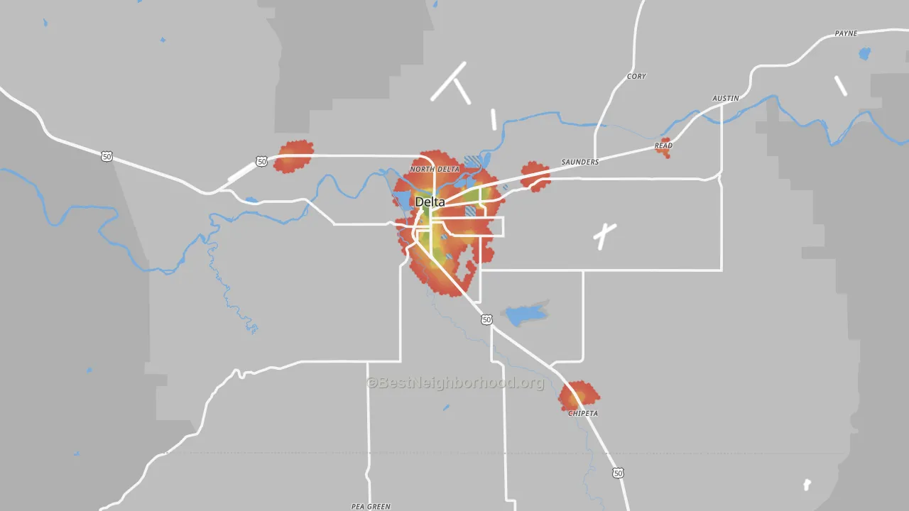 Walk Grade map of Delta, CO, walkable areas in green and car-dependent areas in red