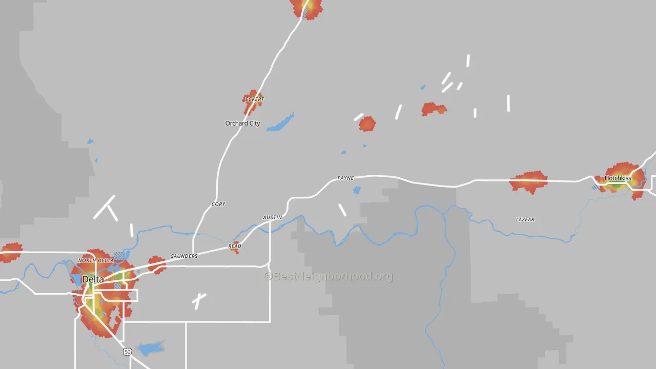 Walk Grade map of Delta County, CO, walkable areas in green and car-dependent areas in red