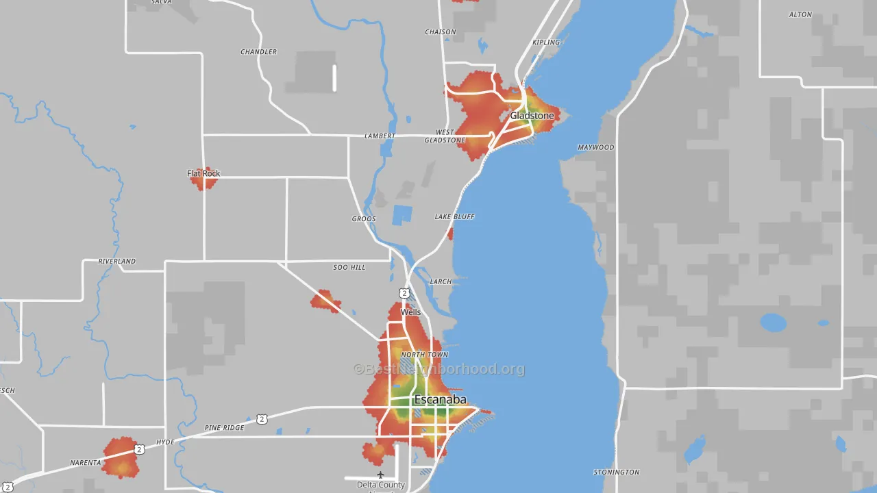 Walk Grade map of Delta County, MI, walkable areas in green and car-dependent areas in red