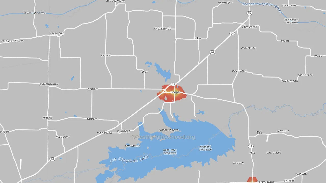 Walk Grade map of Delta County, TX, walkable areas in green and car-dependent areas in red