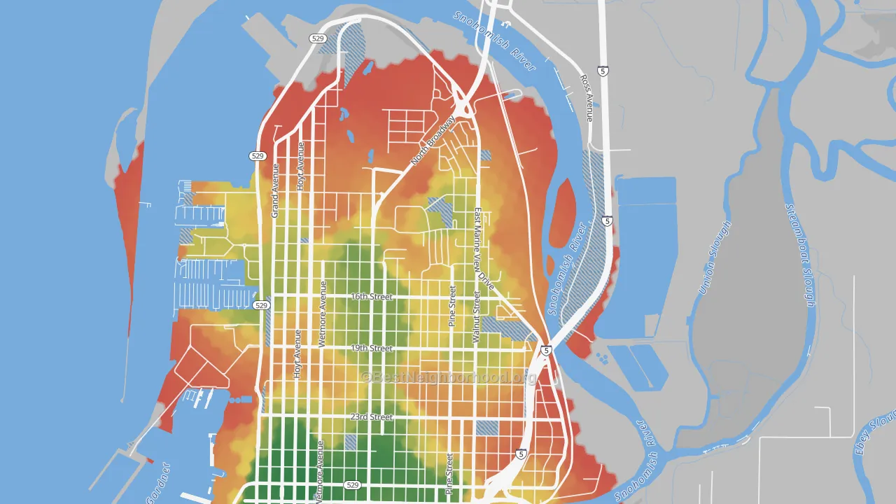 Walk Grade map of Delta, Everett, WA, walkable areas in green and car-dependent areas in red