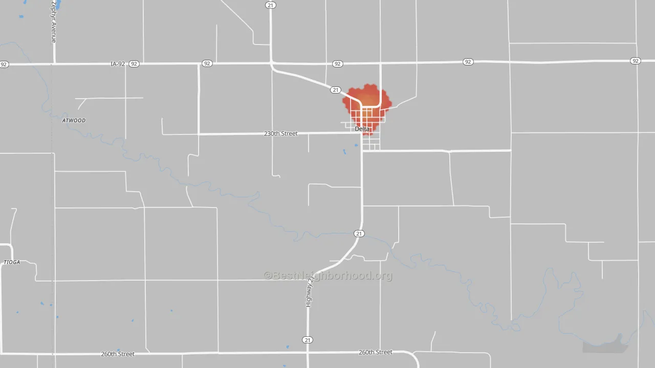 Walk Grade map of Delta, IA, walkable areas in green and car-dependent areas in red