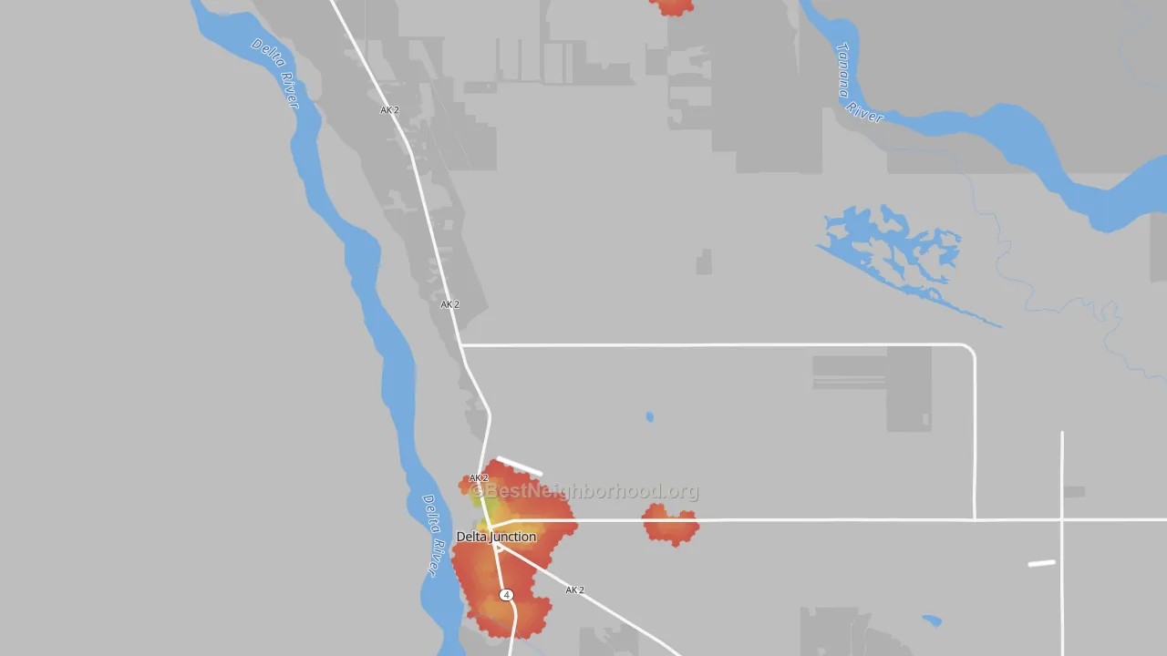 Walk Grade map of Delta Junction, AK, walkable areas in green and car-dependent areas in red