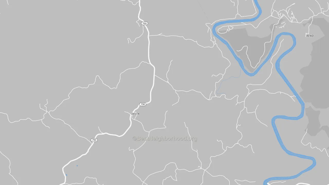 Walk Grade map of Delta, KY, walkable areas in green and car-dependent areas in red