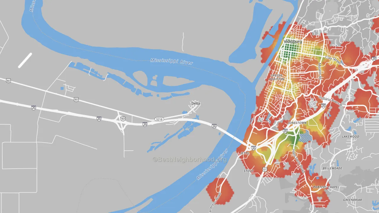 Walk Grade map of Delta, LA, walkable areas in green and car-dependent areas in red