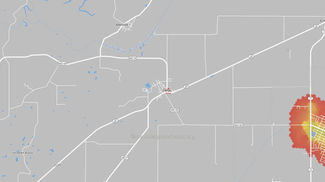 Walk Grade map of Delta, MO, walkable areas in green and car-dependent areas in red