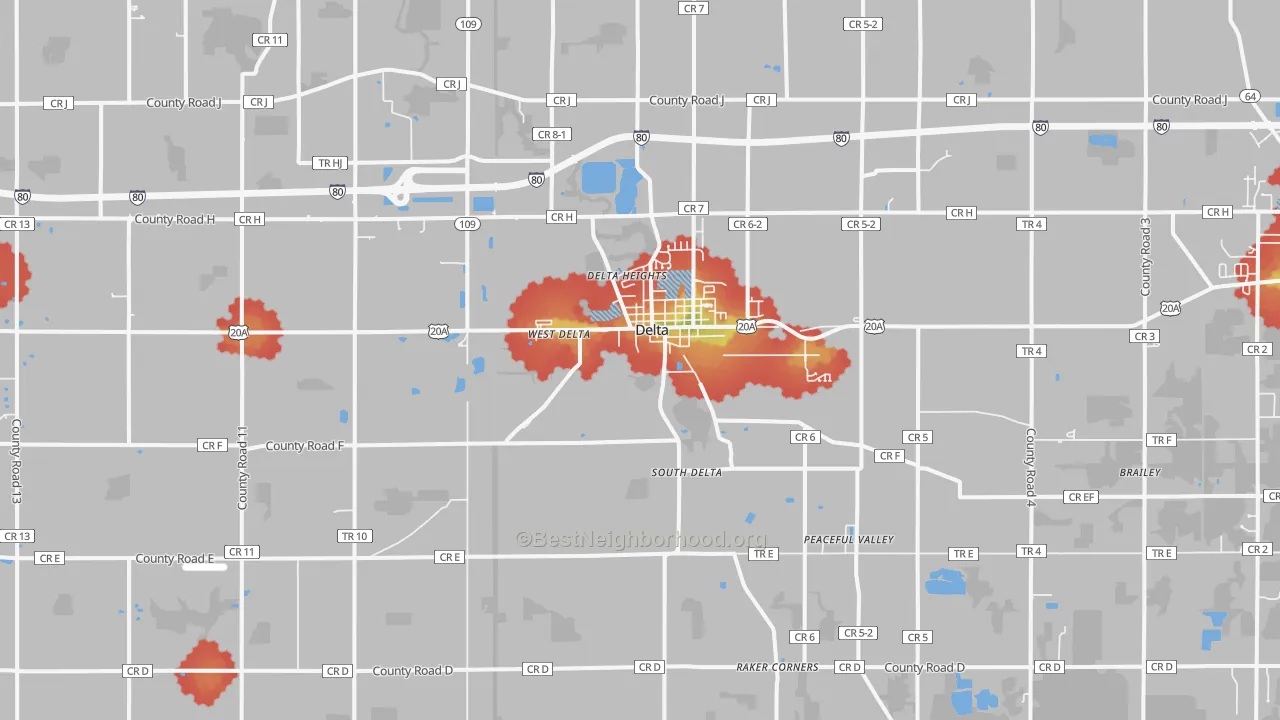 Walk Grade map of Delta, OH, walkable areas in green and car-dependent areas in red