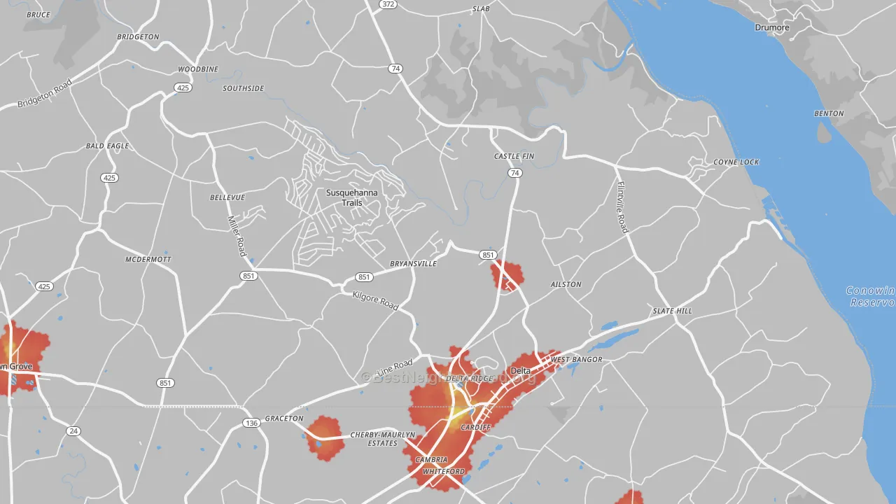 Walk Grade map of Delta, PA, walkable areas in green and car-dependent areas in red