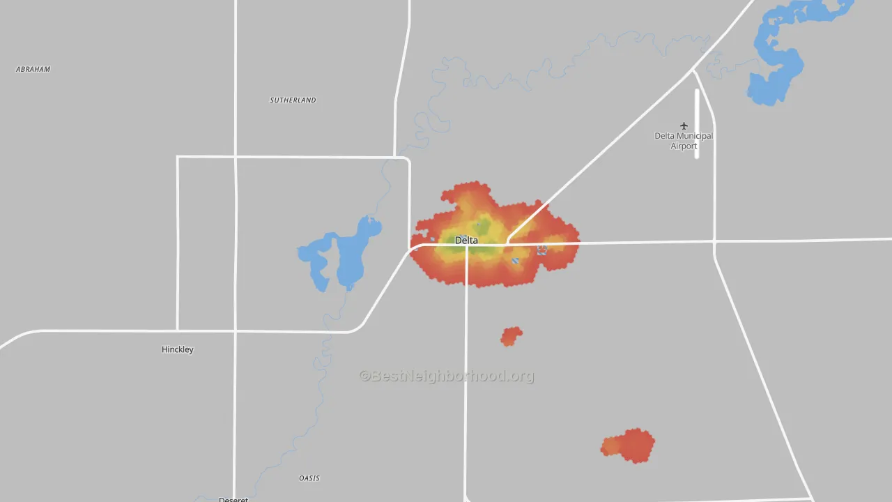 Walk Grade map of Delta, UT, walkable areas in green and car-dependent areas in red