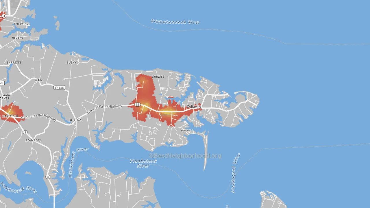 Walk Grade map of Deltaville, VA, walkable areas in green and car-dependent areas in red